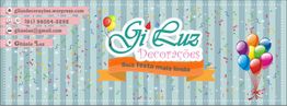 Banner colorido com logo "Gi Luz Decorações", balões e informações de contato à esquerda.