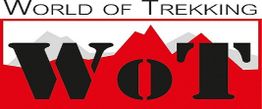 Logo mit Text "World of Trekking" über stilisierten roten Bergen und großem "WOT".