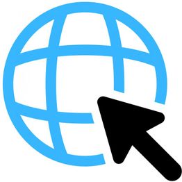 Weltkugel-Symbol in Blau mit einem schwarzen Mauszeiger-Pfeil, der darauf zeigt.