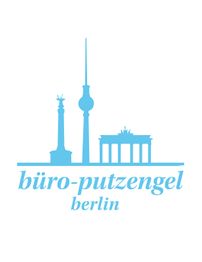 Logo mit Berliner Wahrzeichen und dem Text "büro-putzengel berlin" in Hellblau.