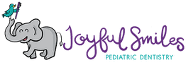 Elephant with a bird and "Joyful Smiles Pediatric Dentistry" logo.