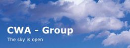 Text "CWA - Group. The sky is open" vor blauem Himmel mit weißen Wolken.