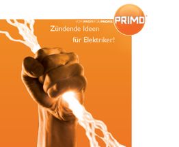 Hand hält leuchtende Kabel mit Text: "Zündende Ideen für Elektriker" und PRIMD-Logo.