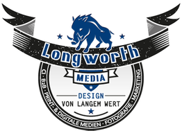 Benutzerdefiniertes Longworth Media-Design-Logo mit einem blauen Eber und Text auf Bannern.