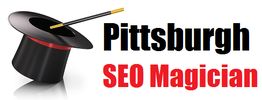 A magician's hat and wand beside the text "Pittsburgh SEO Magician" in black and red.