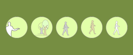 Fünf kreisförmige Symbole, von links nach rechts: Willkommen, Wald, Spaziergänger in Farben.