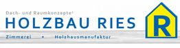 Logo von Holzbau Ries: Schriftzug und ein blau-gelbes Haus-Symbol mit einem großen "R".