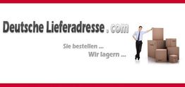 Banner mit Text "Deutsche Lieferadresse.com" und einem Mann neben gestapelten Kartons.