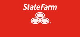 Red background with white State Farm logo and three ovals in the center.