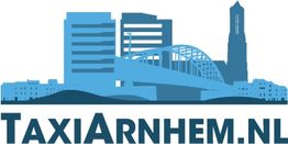 Skyline van Arnhem met tekst "TaxiArnhem.nl" op een blauw logo.