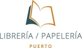 Logo de librería y papelería con libro abierto y texto: "LIBRERÍA / PAPELERÍA PUERTO".