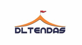Logotipo com formato de tenda laranja e bandeira vermelha, escrito DL TENDAS abaixo.