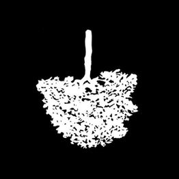 Forma branca abstrata semelhante a um cacho de uvas em fundo preto.