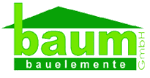 Logo von "baum Bauelemente GmbH" in grüner Schrift mit einem stilisierten Hausdach darüber.