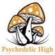 Illustration of three orange mushrooms with spots, accompanied by the text "Psychedelic High."