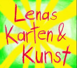 Bunter Hintergrund mit Schriftzug "Lenas Karten & Kunst" in roter Farbe.