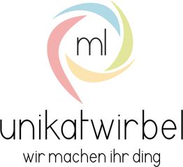 Logo von Unikatwirbel mit buntem Wirbel und Slogan "wir machen ihr ding".