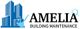 Blue skyscrapers, broom icon, and "Amelia Building Maintenance" text on the logo.