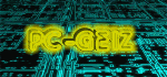 Gelber Schriftzug "PC-GEIZ" vor blaugrünem, digitalem Schaltkreis-Hintergrund.