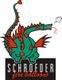 Grüner Drache mit roten Flügeln, Logo von "Schroeder Fire Balloons", raucht und flammt.