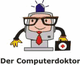 Ein Computer mit Brille und Krawatte trägt eine Tasche mit rotem Kreuz. Text: Der Computerdoktor.