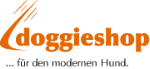 Logo mit Schriftzug „doggieshop“ und Slogan „… für den modernen Hund“ in Orange auf Weiß.