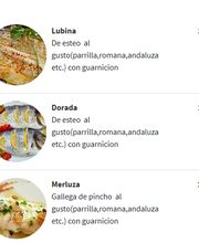 Menú de pescados: lubina, dorada y merluza al gusto con guarnición. Precios desde 18,90€.