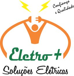 Logo da Eletro+ com plugue, raios e slogan "Confiança e Qualidade".