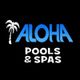 Aloha Pools & Spas logo with a palm tree on a black background.