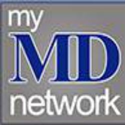 Logo with "my MD network" in white and blue text on a gray square background.