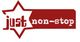 Roter Schriftzug "just non-stop" in weißem Stern-Symbol auf weißem Hintergrund.