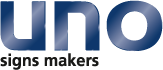 Logo con la palabra "uno" en azul metálico y "signs makers" en negro abajo.