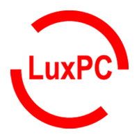 Rotes LuxPC-Logo mit zwei geschwungenen Linien, die den Text teilweise umrahmen.