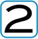 Zahl 2 in schwarzer Schrift, umgeben von einem blauen, quadratischen Rahmen.