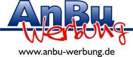 Logo der AnBu Werbung mit blauer und roter Schrift, darunter Webseite: www.anbu-werbung.de.