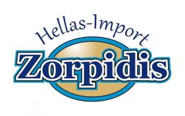 Logo mit Aufschrift "Hellas-Import Zorpidis" in blauen und goldenen Farben.