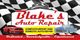 Blake's Auto Repair sign with a red car, blue car, and checkered flag background.
