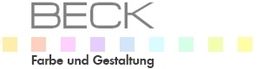 Logo mit Schriftzug "BECK" und "Farbe und Gestaltung", darunter farbige Quadrate in Pastelltönen.