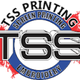 Logo for TSS Printing with text "Screen Printing Embroidery" and red, blue, white colors.