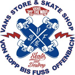 Logo mit Skateboard-Grafik und dem Text „Vans Store & Skate Shop, Offenbach“.