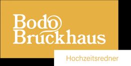 Gelbes Logo mit weißem Text: "Bodo Bruckhaus" und "Hochzeitsredner" in kleinerem Schriftzug.
