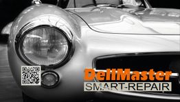 Oldtimer-Front mit "DeliMaster SMART-REPAIR"-Logo und QR-Code unten links.