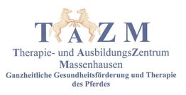 TAZM-Logo mit zwei Pferden und Text zu ganzheitlicher Gesundheitsförderung und Pferdetherapie.