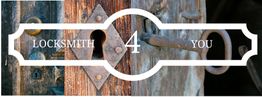 Old key in rustic lock with “Locksmith 4 You” text overlay.