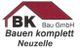 Logo von BK Bau GmbH, rote Dachgrafik, Text: "Bauen komplett Neuzelle".