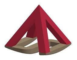 Logo en forme de pyramide rouge et base brune entrelacées.