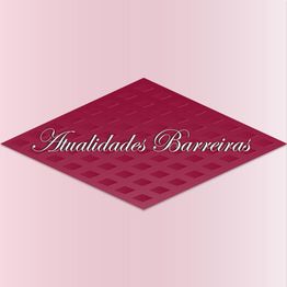 Logotipo escrito "Atualidades Barreiras" em fundo rosa e losango vermelho.