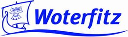 Logo mit blauem Text "Woterfitz" neben einem Segel mit Wikingerhelm-Motiv.