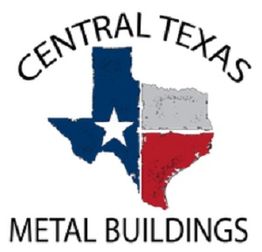 Texas state outline with flag colors, surrounded by text: "Central Texas Metal Buildings."
