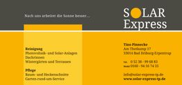 Geschäftsvisitenkarte von Solar Express mit Kontaktinformationen und Dienstleistungen.